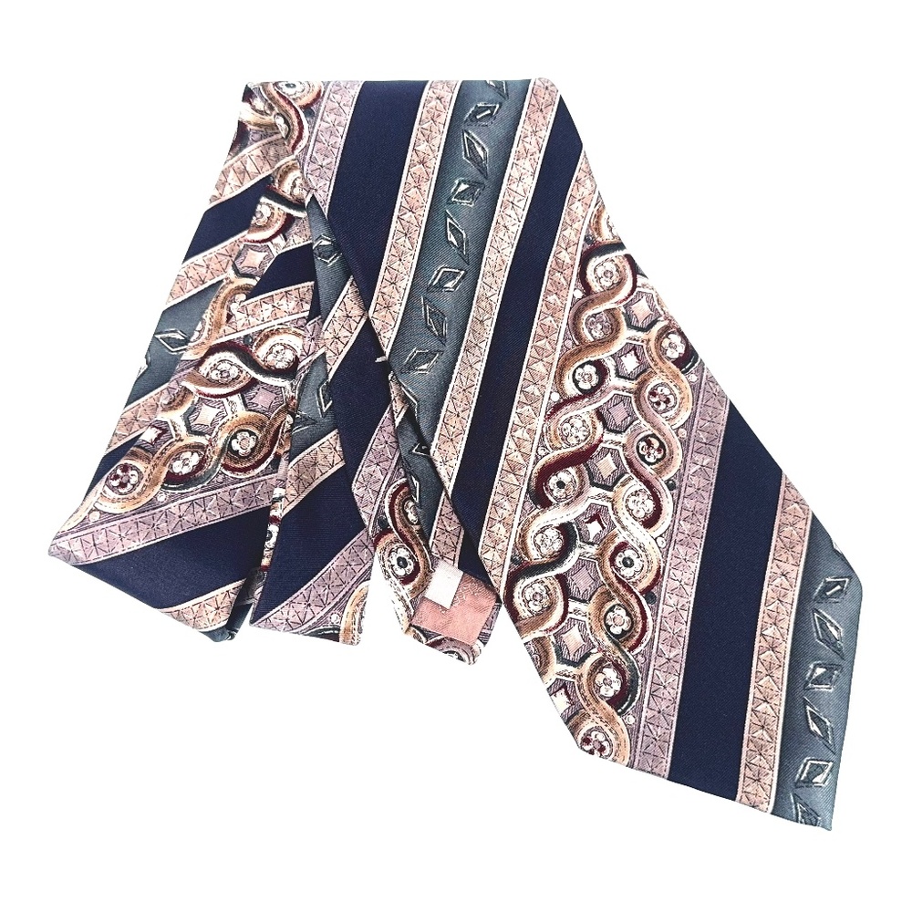 Pierre Cardin Silk Tie Geometric Stripe Pattern Navy Teal Tan Wide 4"